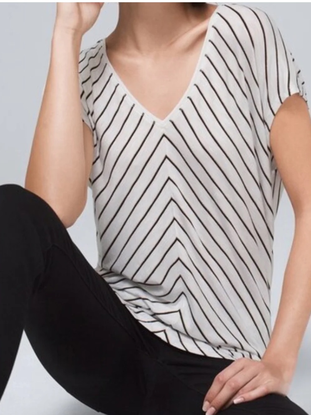 WHBM White Short Sleeve V-Neck TeeTop w/ Chevron Black & Gold Metallic Stripes